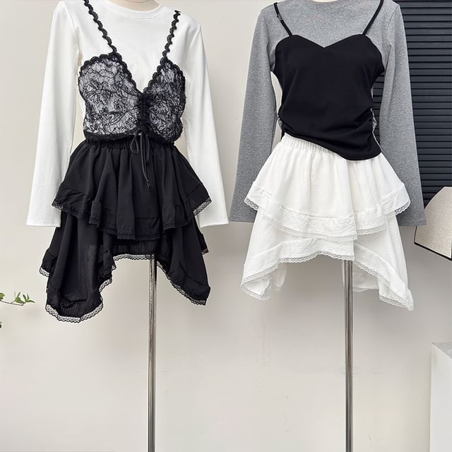 Lemongrass-Asymmetrical Lace-Trim Mini Skirt