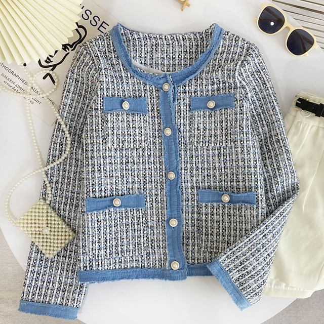 Iasia-Round Neck Plaid Contrast Trim Tweed Button Jacket