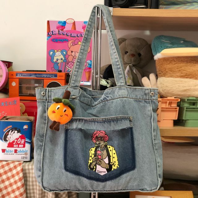 Chocolate Cosmos - Cartoon Embroidered Washed Denim Tote Bag