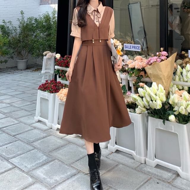 Cossita Short-Sleeve Collared Mock Two Tone Midi A-Line Dress