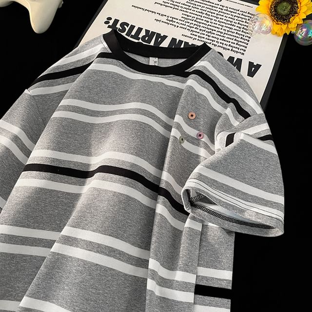Maxelane-Short-Sleeve Round Neck Striped T-Shirt