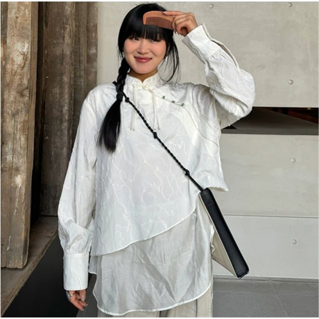 Alfie-Puff-Sleeve Stand Collar Frog Buttoned Paneled Blouse
