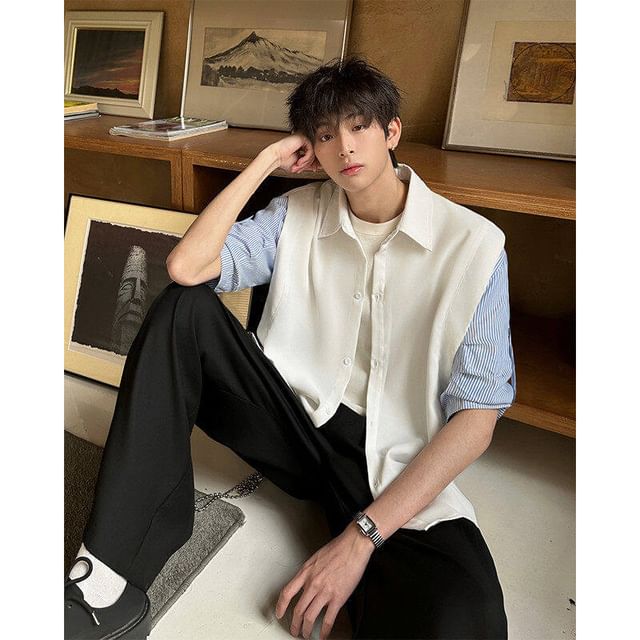 Freehop-Elbow-Sleeve Plain Striped Panel Shirt