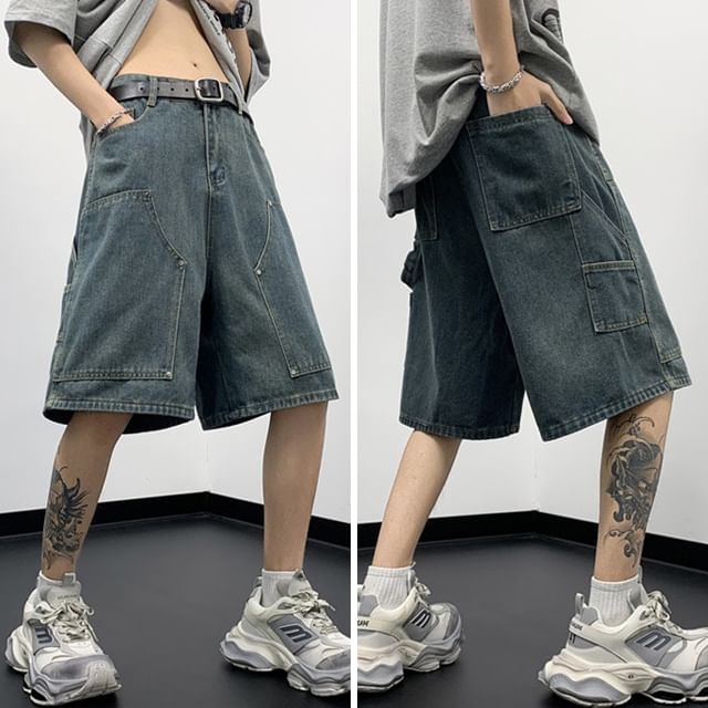 Whyessa-Mid Rise Washed Denim Shorts