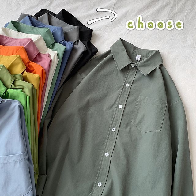 Ninine-Long-Sleeve Plain Shirt