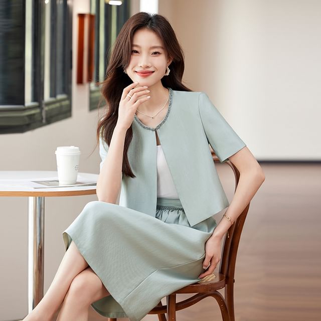 Princess Min-Set Short-Sleeve Plain Contrast Trim Open Front Blazer High Rise A-Line Skirt