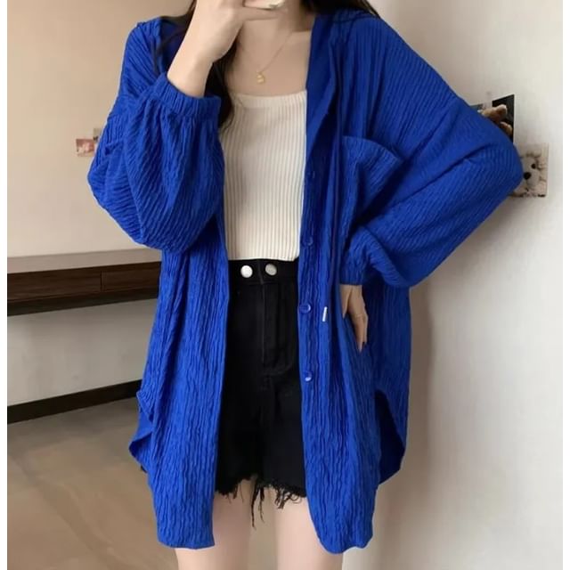 Iduna-Plain Hooded Button-Up Light Jacket