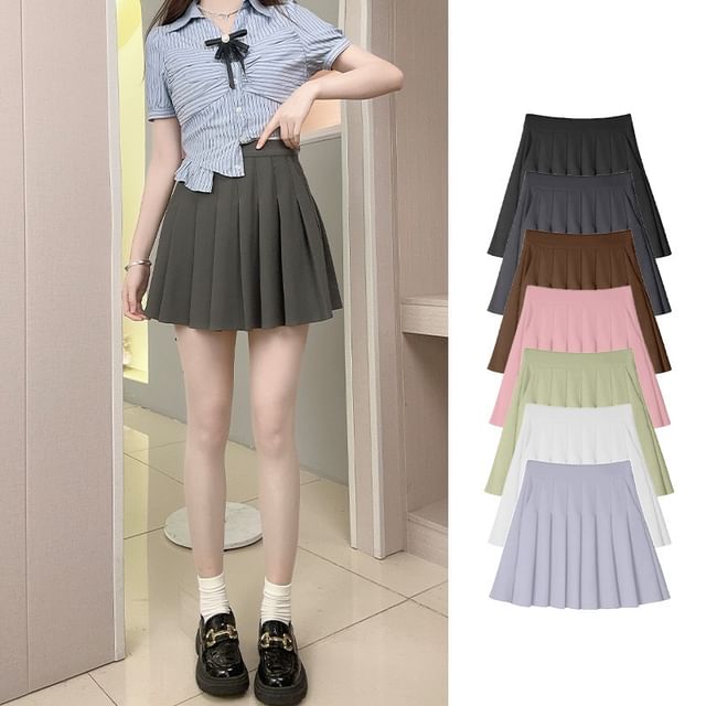 Woohan-High Rise Plain Mini Pleated Skirt