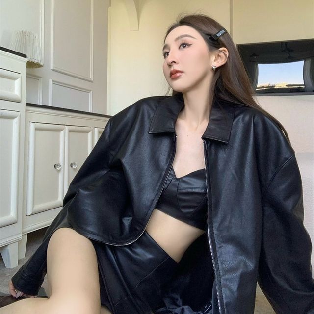 Alfie Faux-Leather Loose-Fit Zip Jacket Faux-Leather Cropped