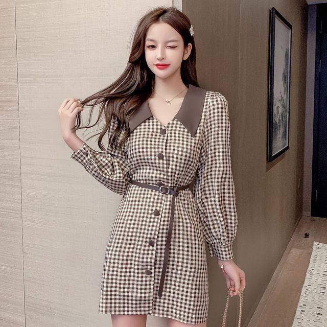 Sienne - Long-Sleeve Checked Button-Up Wide-Collar Mini A-Line Dress | YesStyle Sienne - Long-Sleeve Checked Button-Up Wide-Collar Mini A-Line Dress | YesStyle