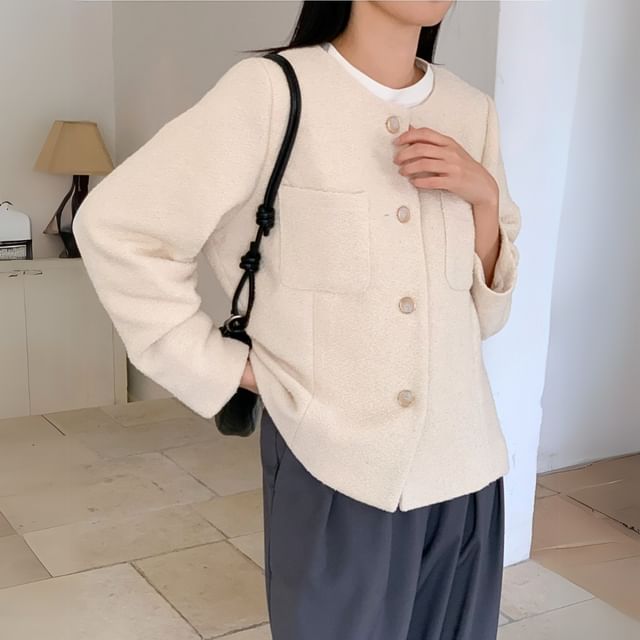 Chubby Girl-Round Neck Plain Button-Up Tweed Jacket
