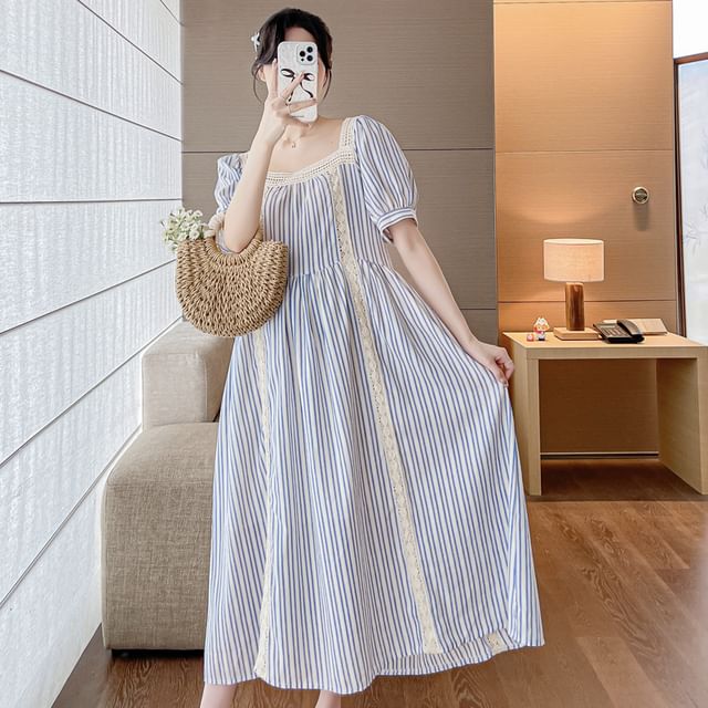 matteira - Maternity Puff-Sleeve Square Neck Striped Lace Trim Midi A-Line Dress | YesStyle matteira - Maternity Puff-Sleeve Square Neck Striped Lace Trim Midi A-Line Dress | YesStyle
