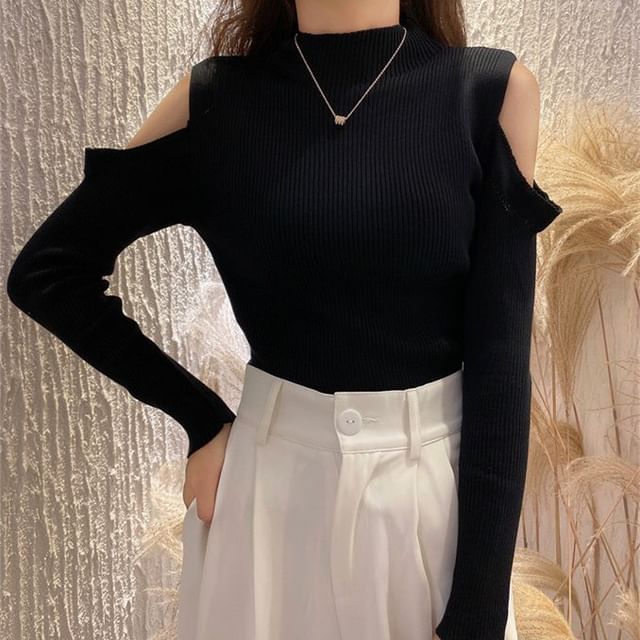 Bigfol-Cold-Shoulder Long-Sleeve Plain Ribbed Knit Top