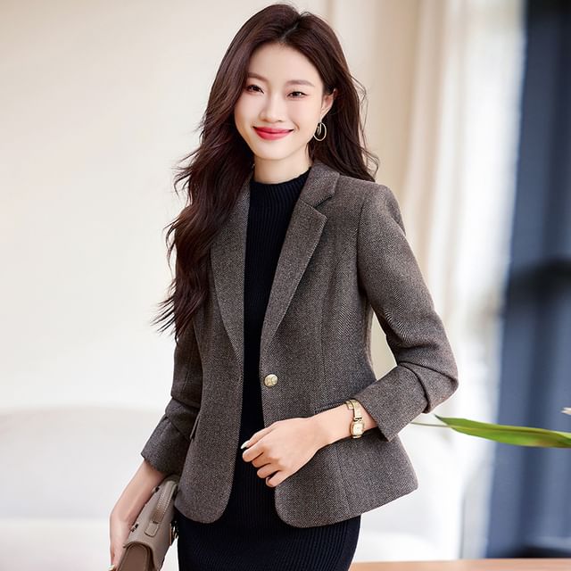 Skyheart-Lapel Collar Plain Single-Button Blazer