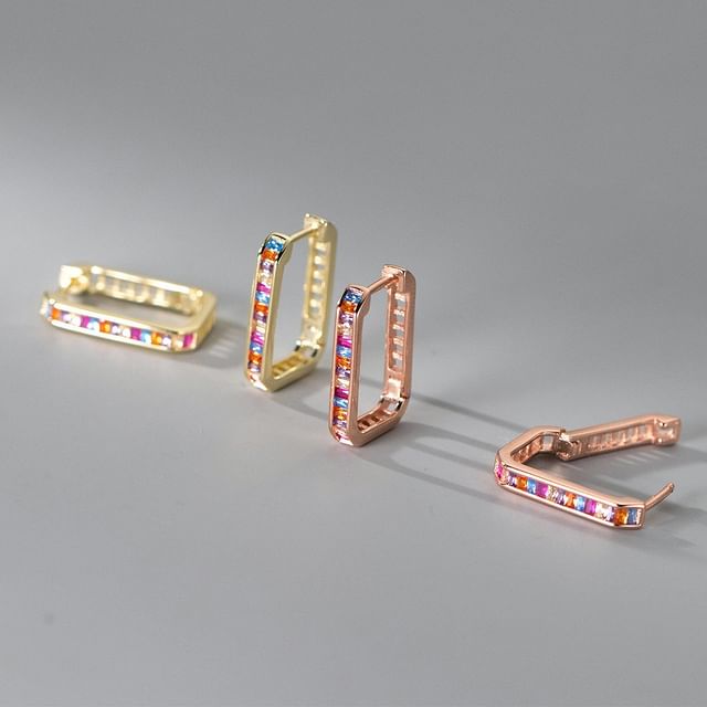 A-ROCH-925 Sterling Silver Rectangle Rhinestone Hoop Earring
