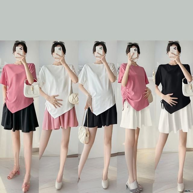 NEUF-Maternity Short-Sleeve Round Neck Plain Drawstring Asymmetrical T-Shirt High Waist Shorts