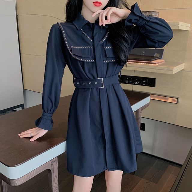 ISSOL-Long Sleeve Collared Contrast Trim Panel Belted Mini A-Line Shirt Dress