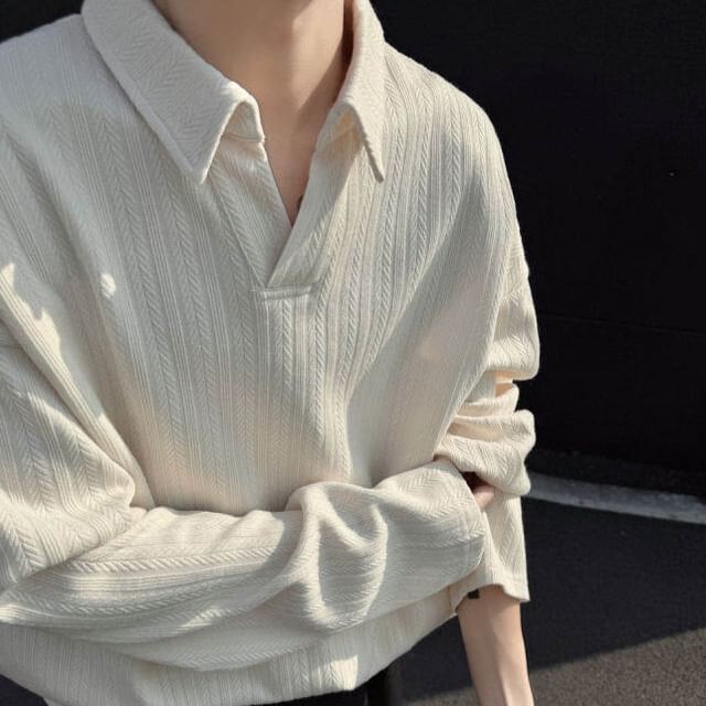 VEAZ-Collar Plain Textured Sweatshirt