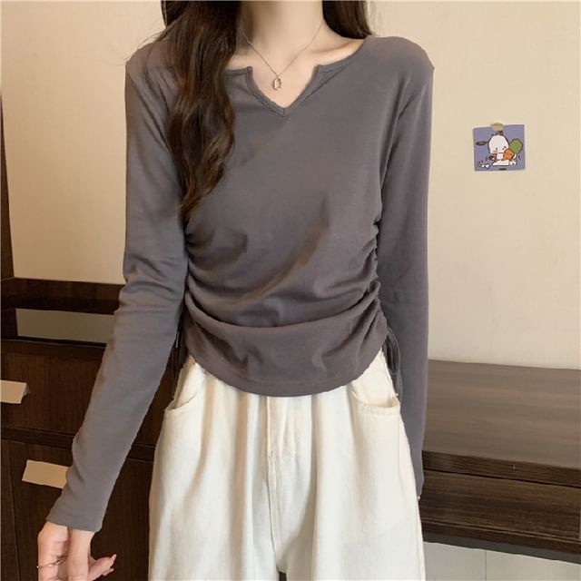 Cloud Nine-Long-Sleeve Notch Neck Plain T-Shirt