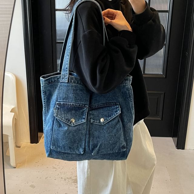 KOCORE-Washed Flap Pocket Denim Tote Bag