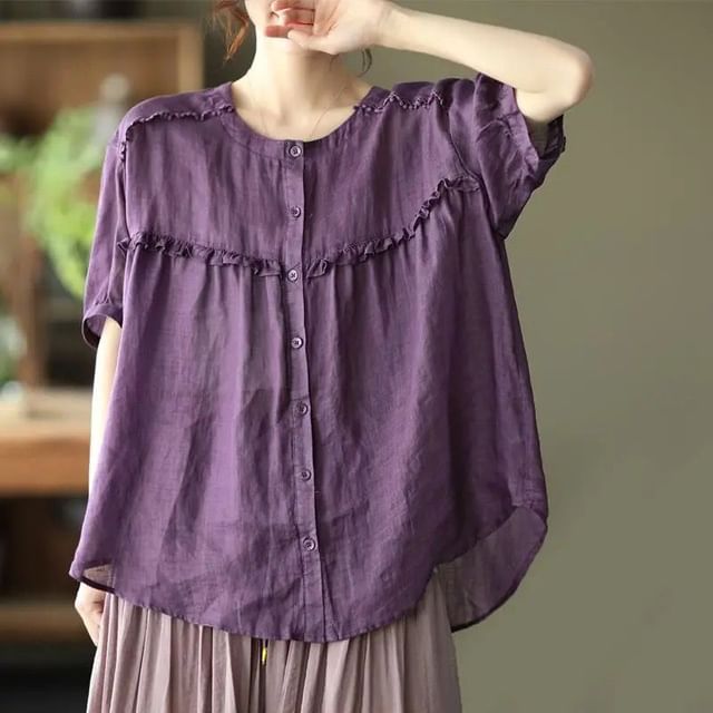 INEN-Short Sleeve Crew Neck Plain Frill Panel Blouse