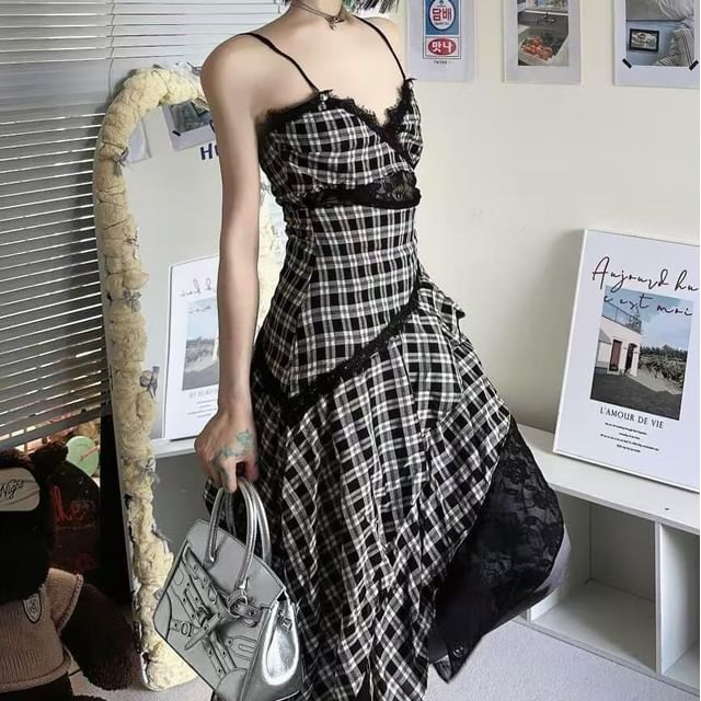 resinling - Spaghetti Strap Asymmetrical Plaid Lace Trim Midi A-Line Dress | YesStyle resinling - Spaghetti Strap Asymmetrical Plaid Lace Trim Midi A-Line Dress | YesStyle
