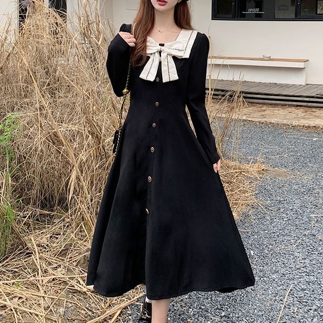 Long-Sleeve Square Neck Ribbon Front Button-Up Midi A-Line Dress