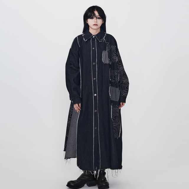 Ravenstem-Collar Patchwork Fringed Denim Midi Single-Breasted Coat