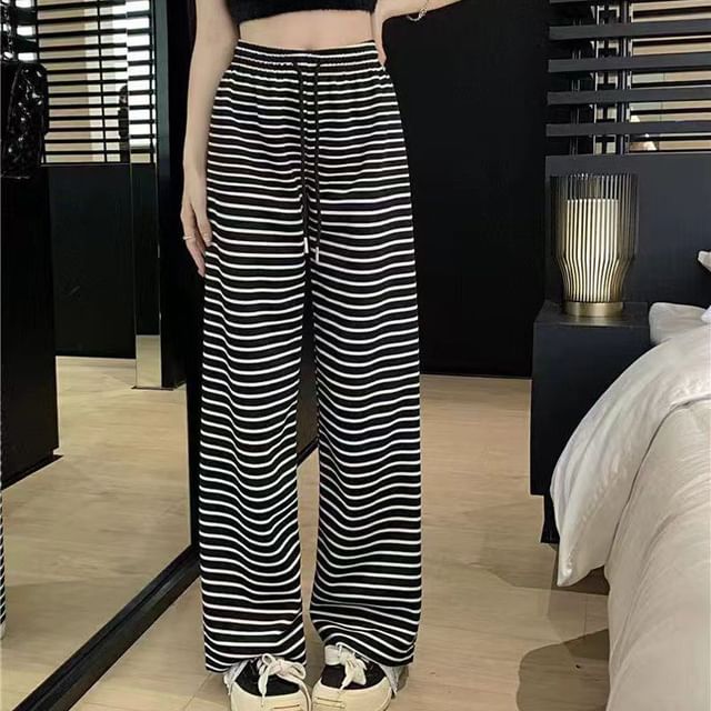 Everose-Drawstring Waist Striped Wide Leg Pants