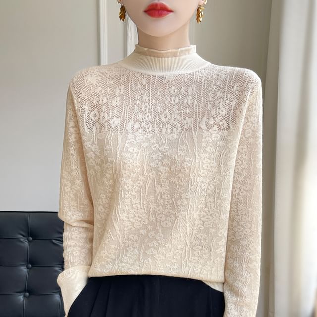Weelop-Long-Sleeve Mock Neck Lace Top
