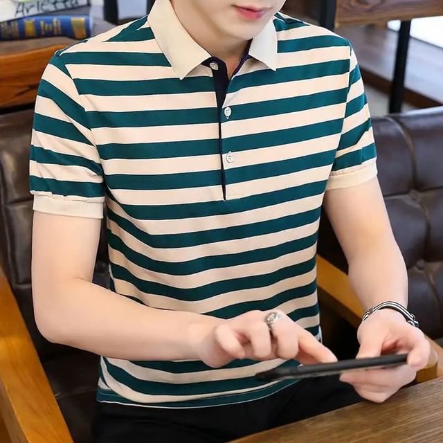 Acrius-Short Sleeve Striped Polo Shirt