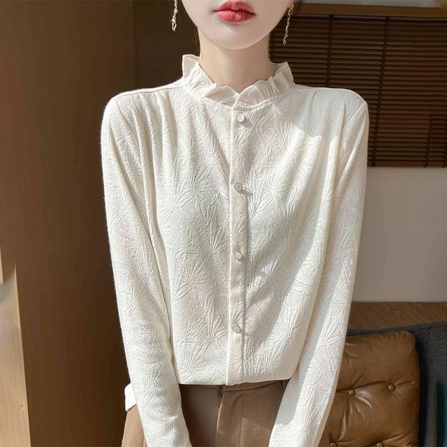 Weelop-Long-Sleeve Frill Trim Button-Up Plain Knit Top