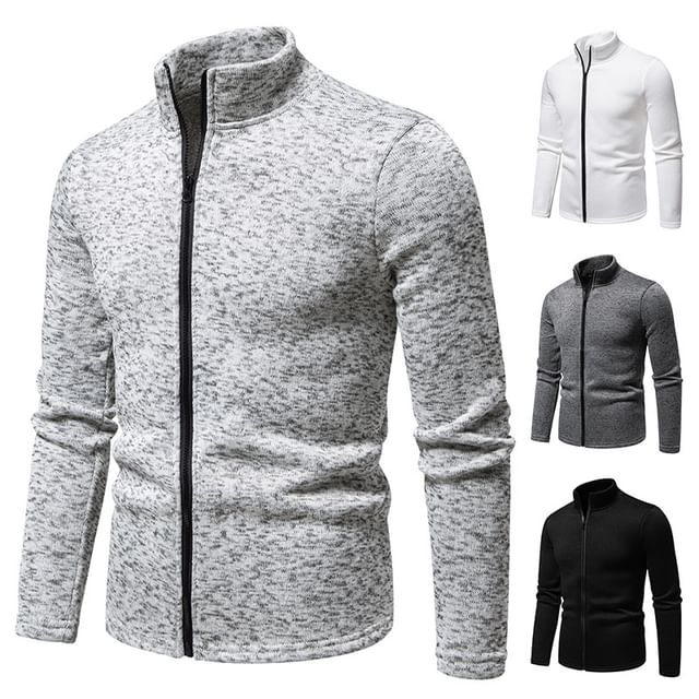 Aozora-Stand Collar Plain Zip Knit Jacket