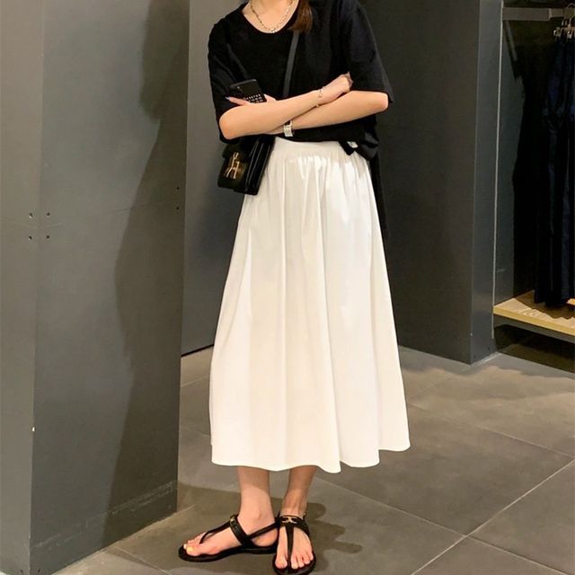 Everose-Elastic Waist Plain Midi A-Line Skirt