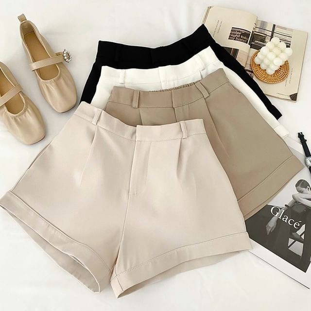 DIYI-High Waist Plain Roll Up Hem Shorts
