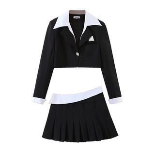 Osion Set Plain Crop Blazer + Asymmetrical Pleated A Line Skirt
