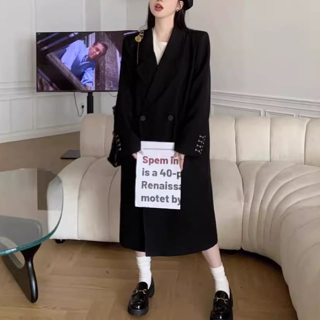 Trendycas-Plain Midi Double-Breasted Coat