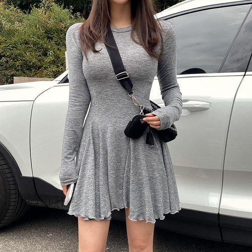 500 STUDIO - Long-Sleeve Crew Neck Lettuce Trim Plain Mini A-Line Dress |  YesStyle