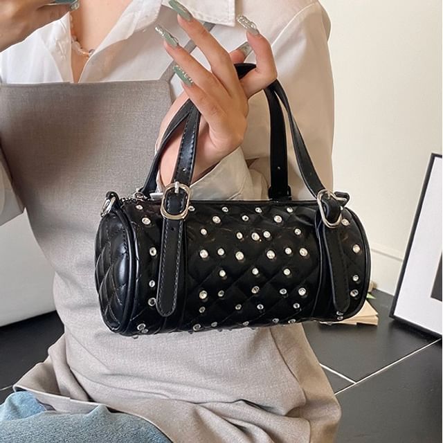 Basaran-Faux Leather Rhinestone Quilted Boston Bag