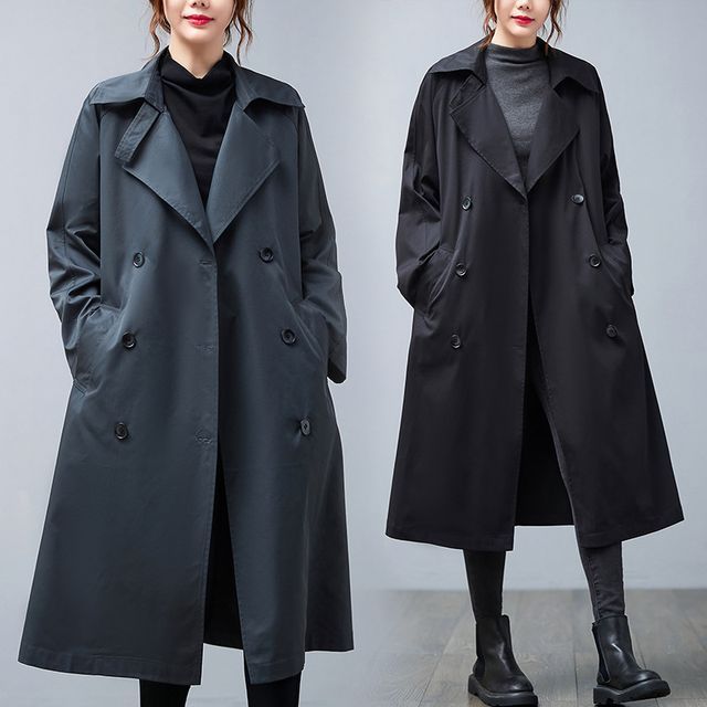 Lewwe-Plain Double-Breasted Long Trench Coat