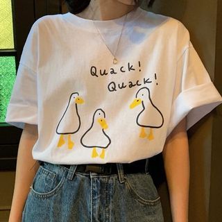 Rosesand Short Sleeve Lettering & Duck Print Oversized T Shirt