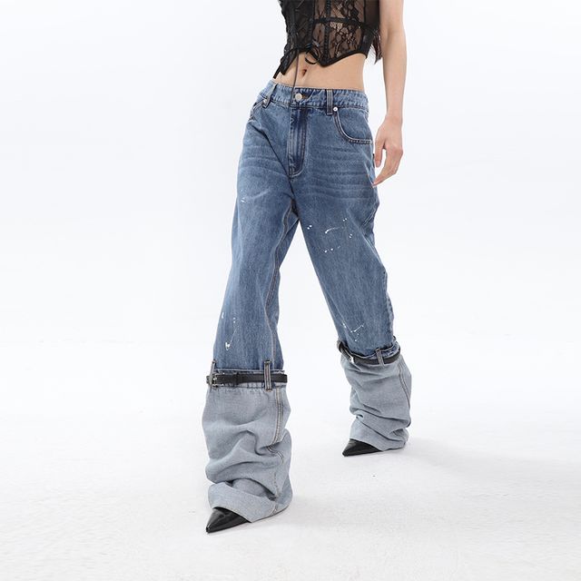 SPUCIKLEI - Low Waist Washed Paint Splatter Paneled Wide Leg Jeans ...