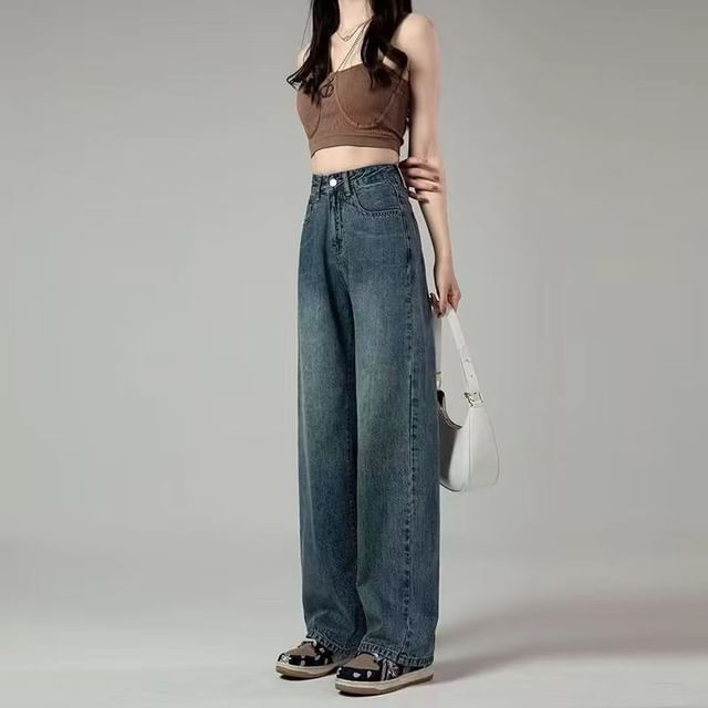 Everose-High Waist Washed Wide Leg Jeans