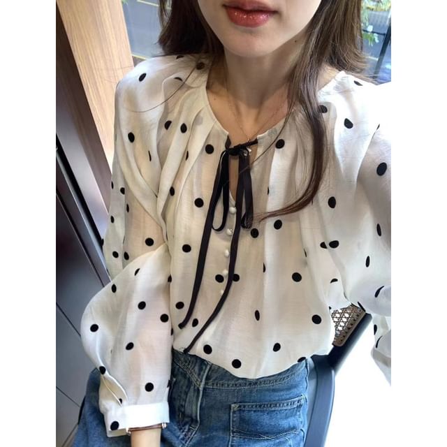 Bigfol-Long-Sleeve Crew Neck Dotted Tie Front Blouse