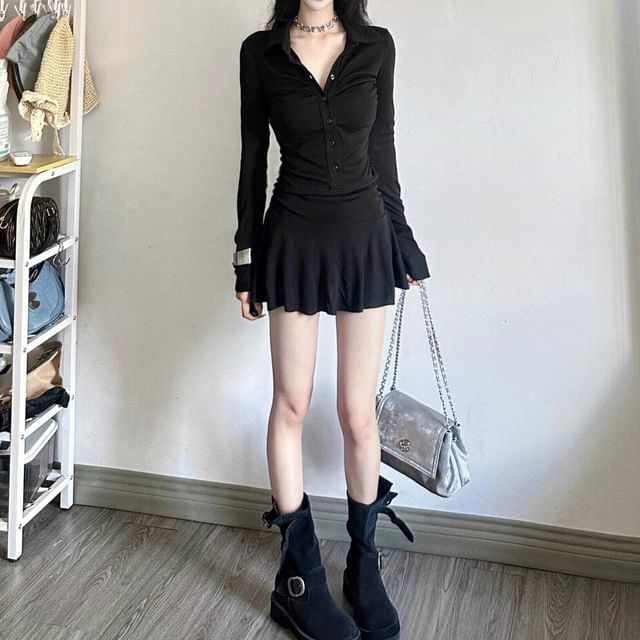 monroll-Long-Sleeve Collared Plain Ruched Button Mini A-Line Dress
