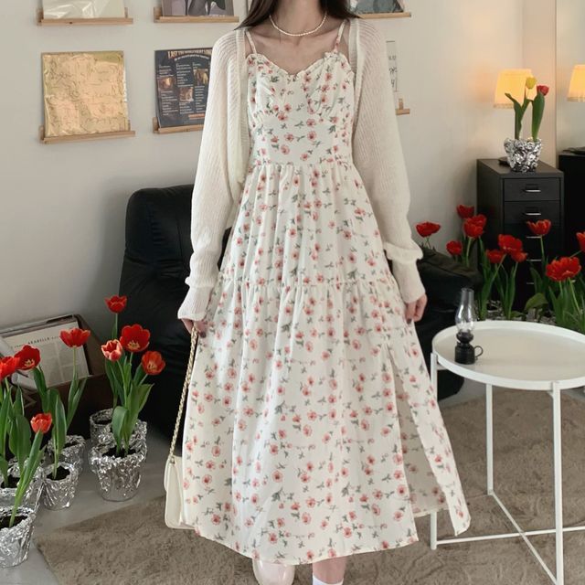 KUMI - Spaghetti Strap Floral Print Midi Dress / Crop Cardigan (Various  Designs) | YesStyle