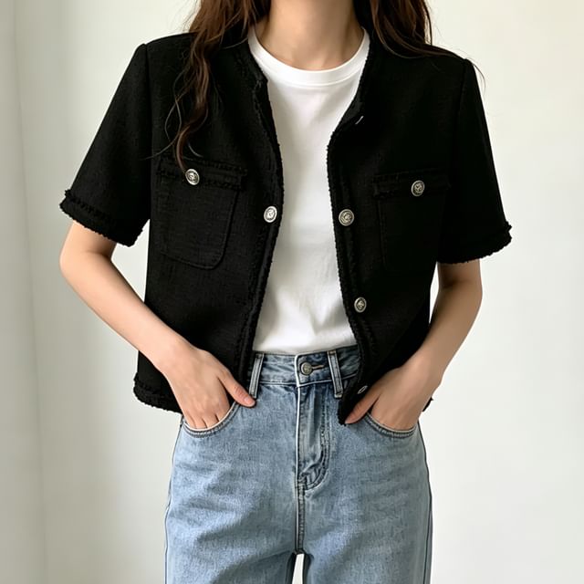 Jesong-Short-Sleeve Crew Neck Plain Button-Up Tweed Jacket
