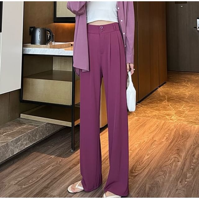 Leoom-High Waist Plain Loose Fit Suit Pants