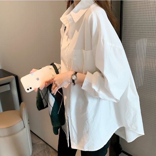 Shinsei-Long-Sleeve Collared Plain Oversized Shirt