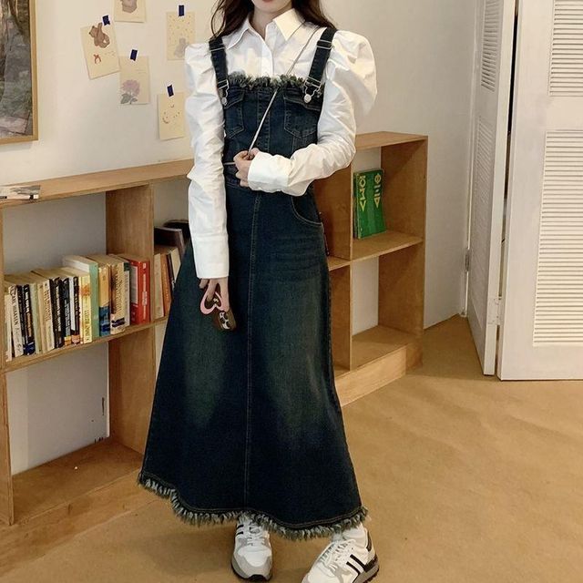 HYAKU - Fringed Denim Maxi A-Line Pinafore Dress | YesStyle